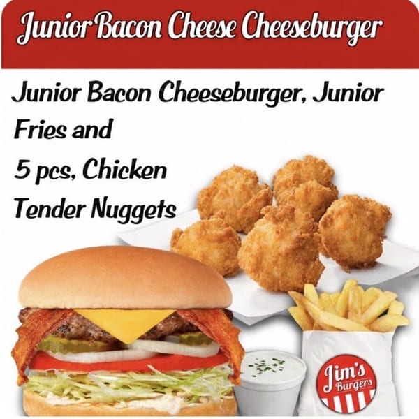 Jim's Burgers Junior Bacon Cheeseburger combo with fries, chicken nuggets, and dipping sauce.