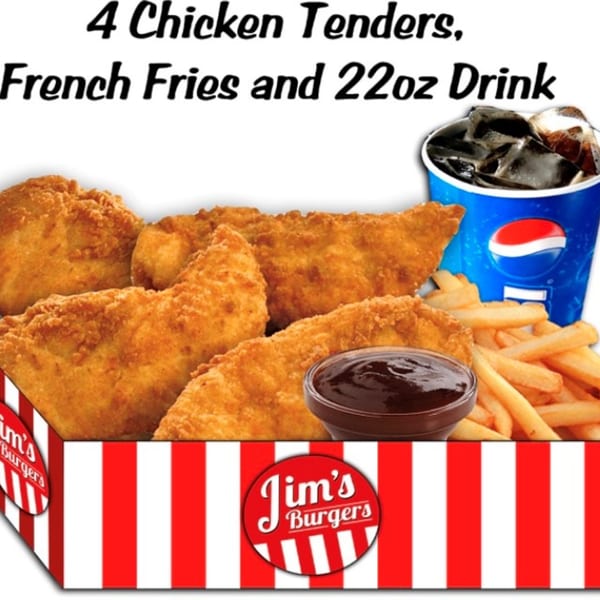 Jim's Burgers 4-piece chicken tenders, french fries, BBQ sauce, and a Pepsi drink.