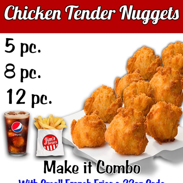Jim's Burgers chicken tender nuggets, fries, and a Pepsi drink, with combo options.