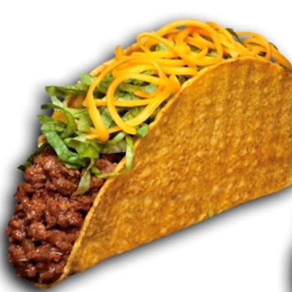 A hard-shell taco filled with ground beef, shredded lettuce, and cheddar cheese.