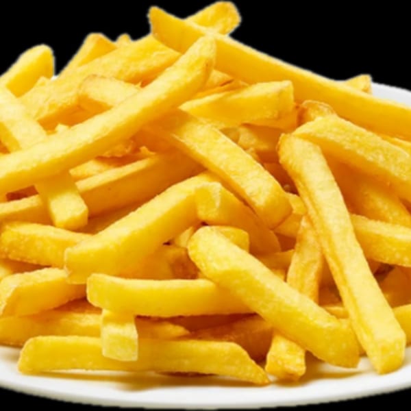 A large pile of golden-brown french fries on a white plate, ready to be served at Jim's Burgers.
