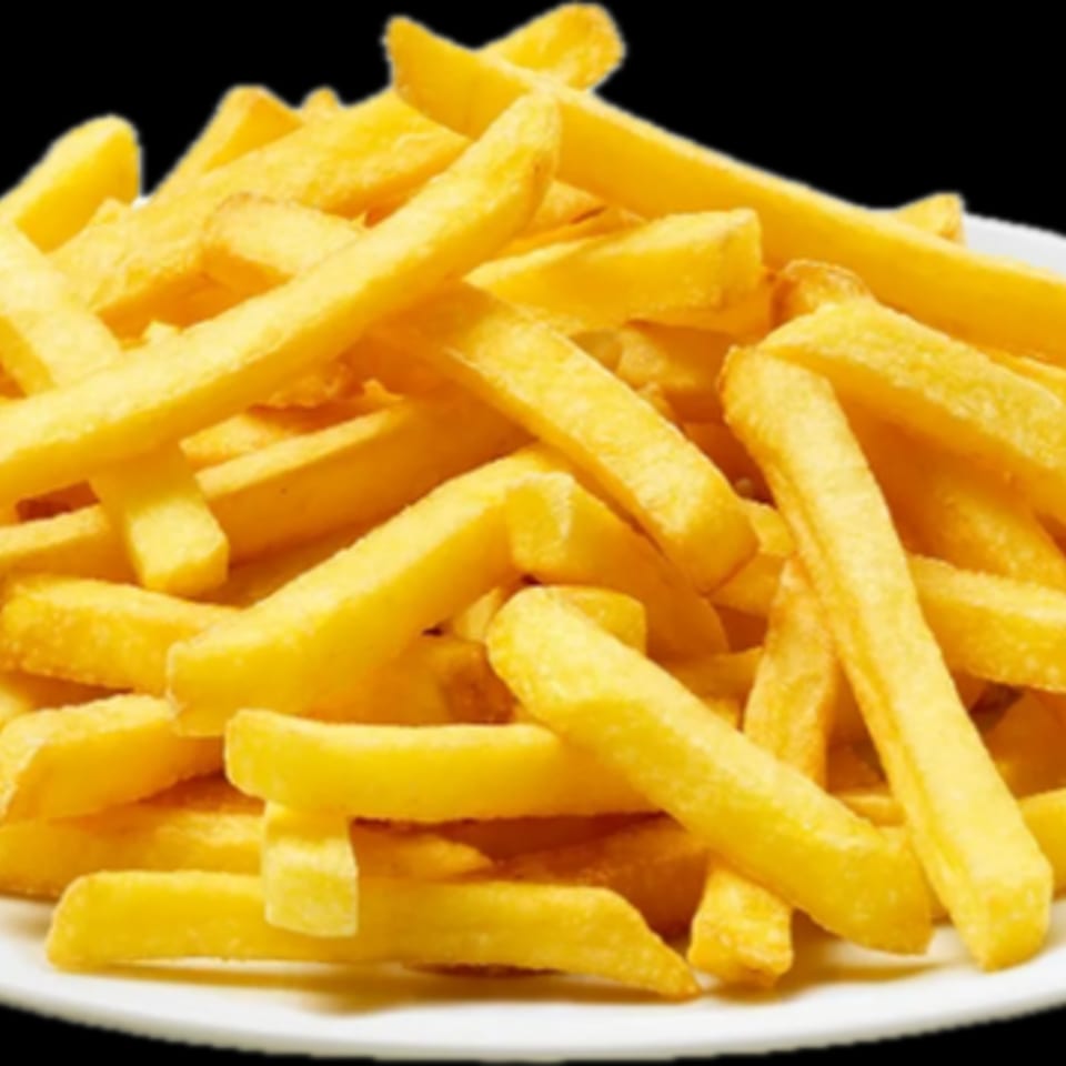 A large pile of golden-brown french fries on a white plate, ready to be served at Jim's Burgers.