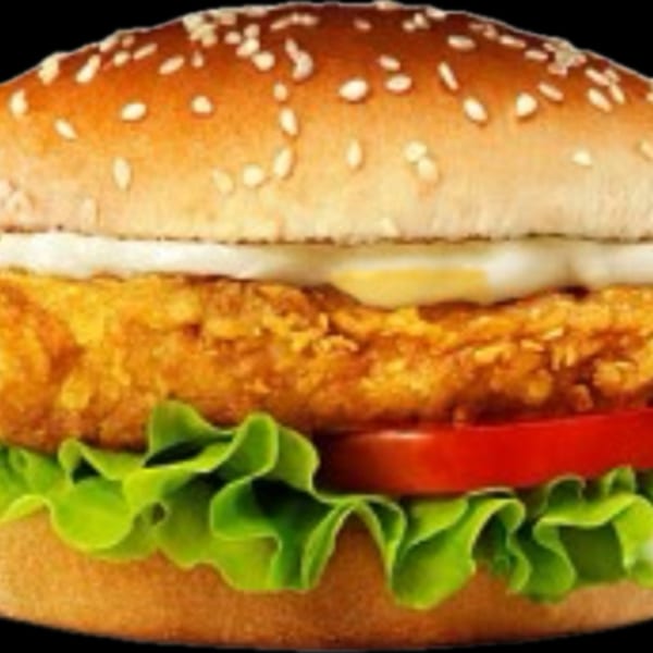Jim's Burgers chicken sandwich with lettuce, tomato, and mayonnaise on a sesame seed bun.