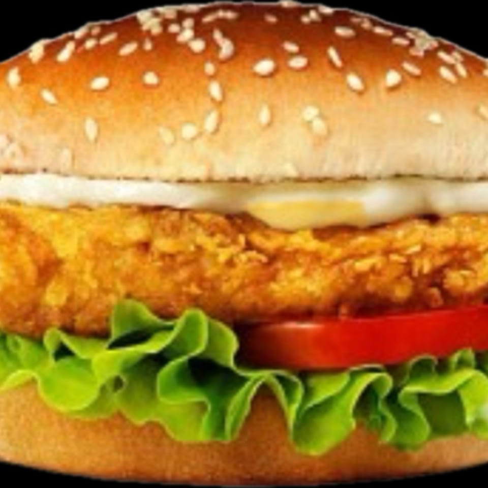 Jim's Burgers chicken sandwich with lettuce, tomato, and mayonnaise on a sesame seed bun.