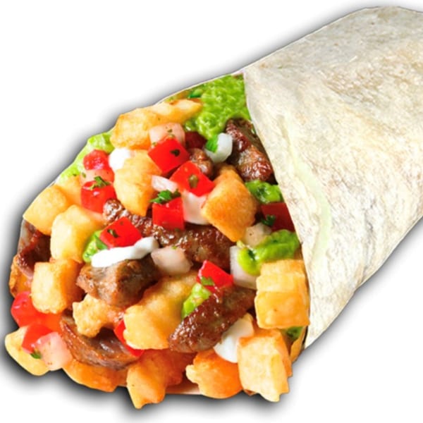 A Jim's Burgers burrito filled with steak, french fries, pico de gallo, and sour cream.