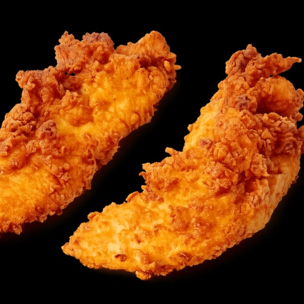 Two crispy, golden-brown fried chicken tenders with textured breading against a black background.