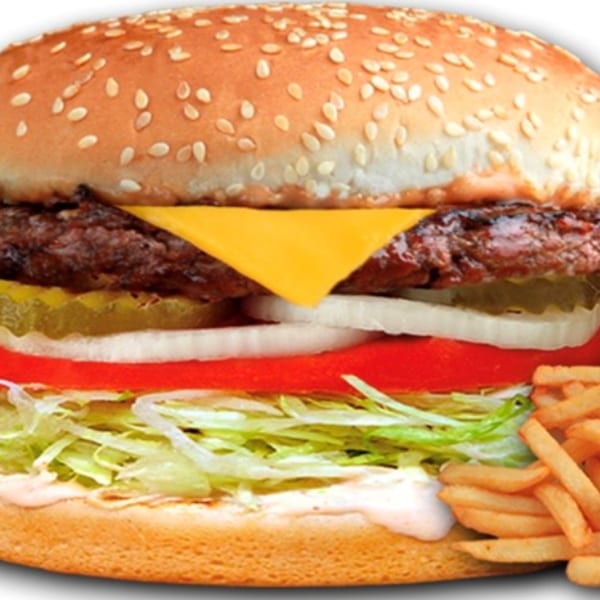 A close-up of a Jims Burgers cheeseburger with lettuce, tomato, onion, pickles, and fries.