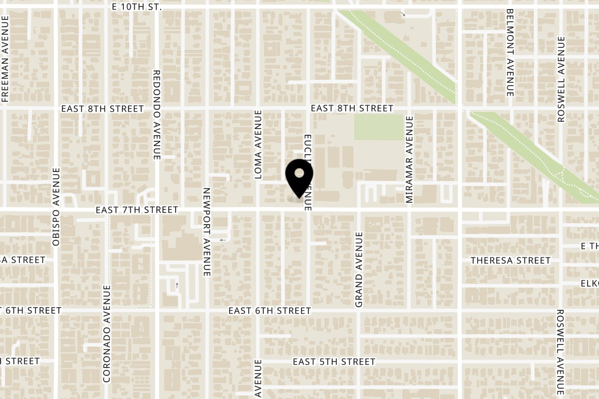 Map showing the location of Jims Burgers on 3639 E 7th St in Long Beach
